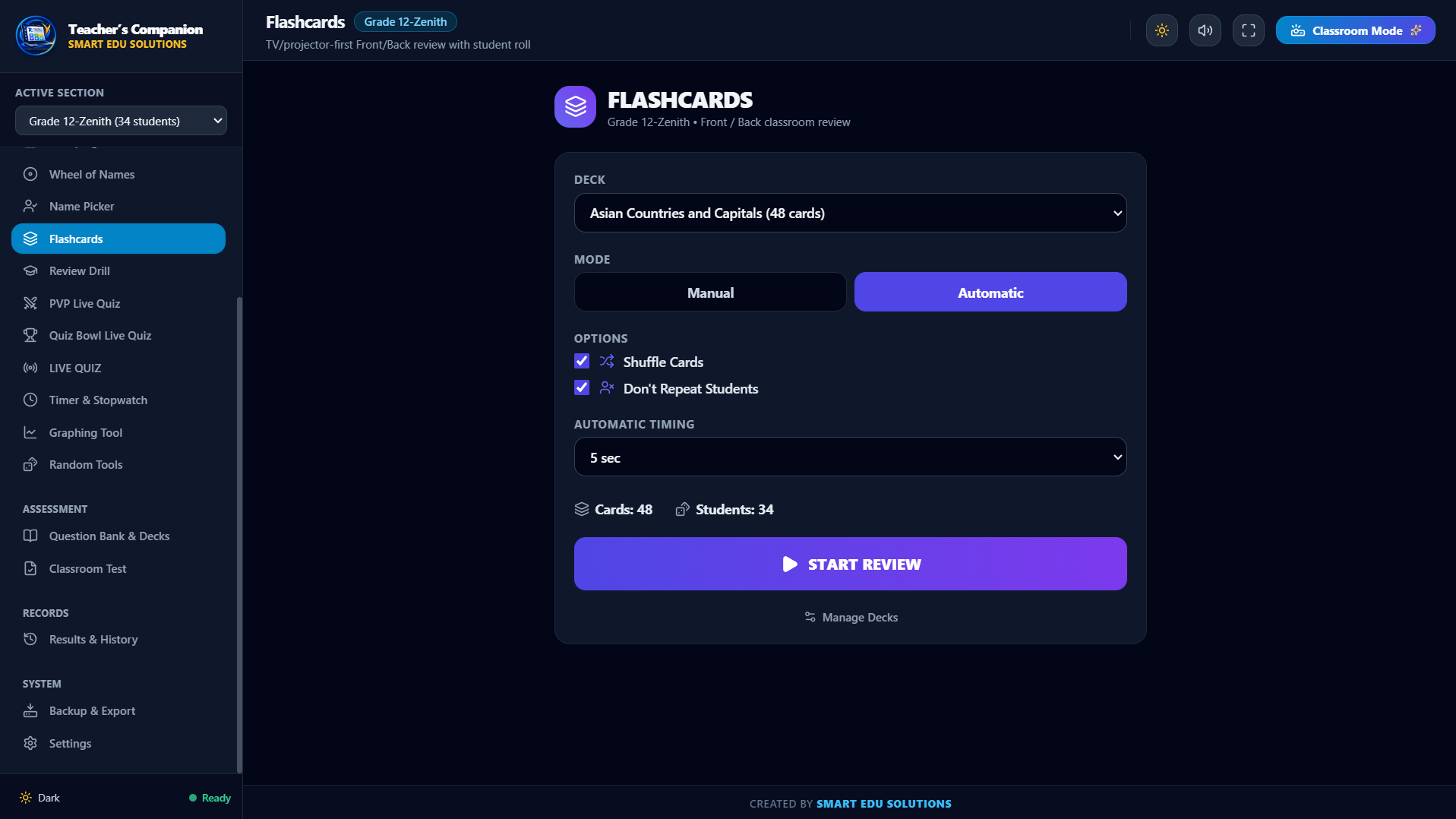 The Flashcards setup screen: choose a deck, Manual or Automatic mode, Shuffle Cards, Don't Repeat Students, and the automatic timing.
