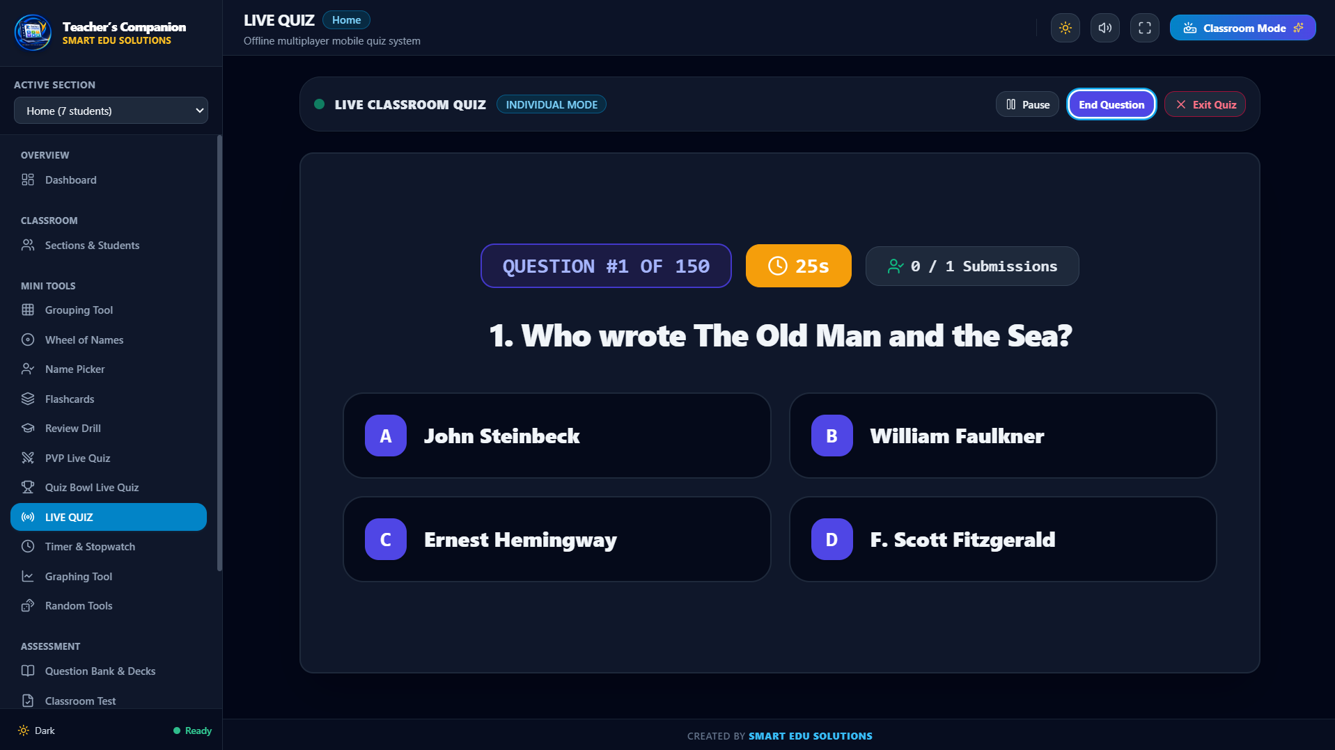 A live phone-connected quiz in progress: students join the teacher's local server and answers tally in real time — no internet required.